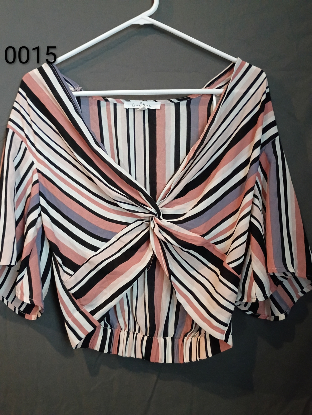 Love Tree Striped Twist-Front Top in Pink, Black, White and Blue